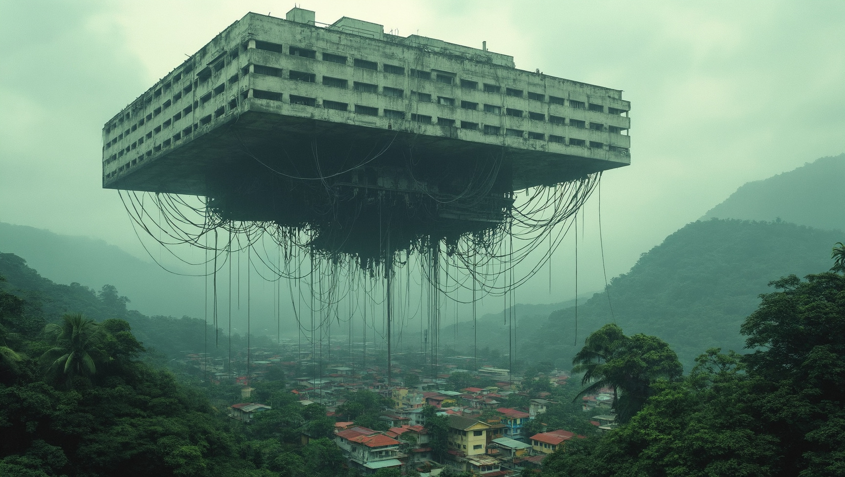 Epic artwork of a massive brutalist building floating above a favela in a tropical landscape, the large brutalist building has large wires and cables hanging from it, cinematic art