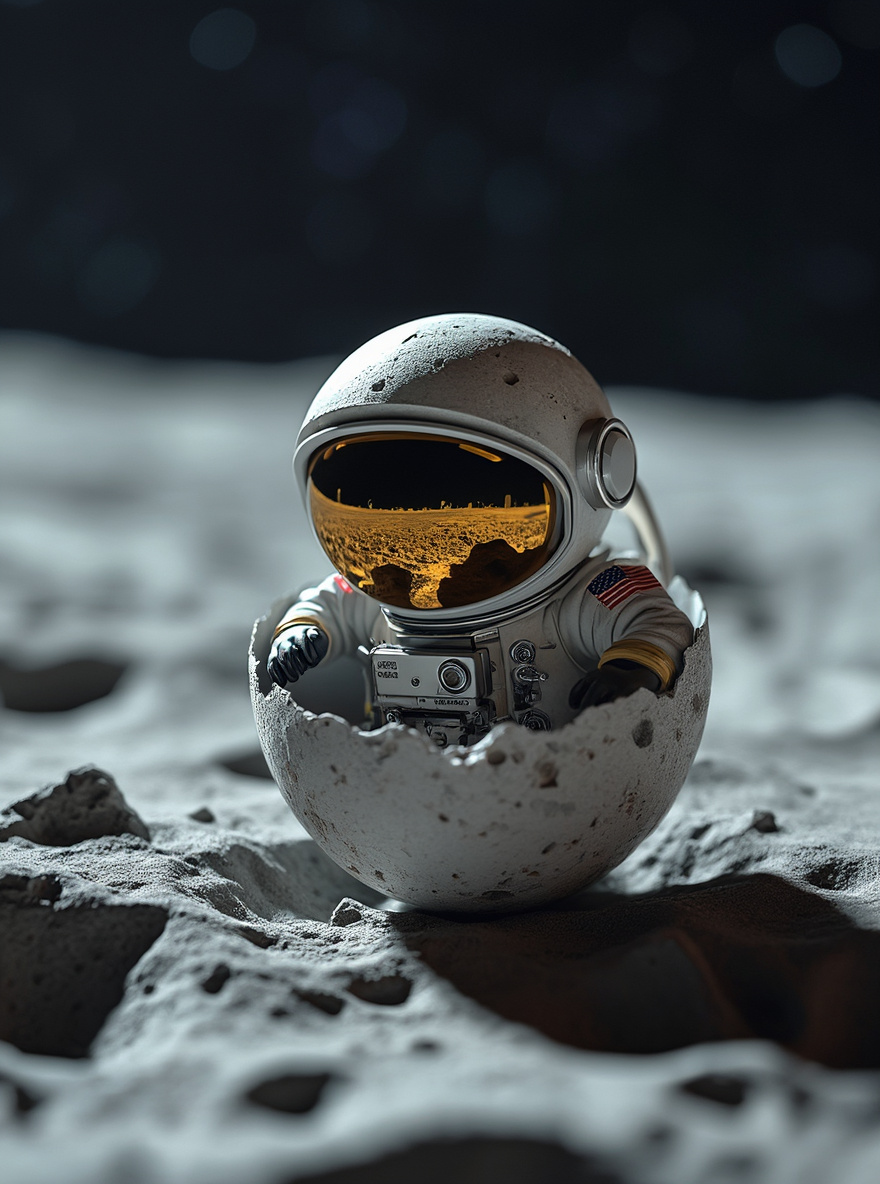 a tiny astronaut hatching from an egg on the moon