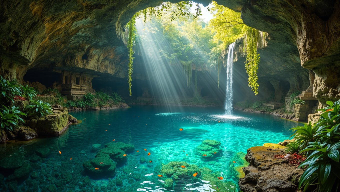 A hidden cenote in the heart of a lush jungle beckons with crystalline turquoise waters. Vibrant emerald vines cascade down weathered limestone walls, their tendrils barely kissing the water’s surface. Shafts of golden sunlight pierce through a natural skylight above, creating a mystical interplay of light and shadow on the cavern walls. Iridescent butterflies flit between exotic orchids clinging to rocky outcrops. A partially submerged Mayan ruin, its intricate carvings softened by time, stands as a silent sentinel at the water’s edge. Schools of tiny silver fish dart through the crystal-clear depths, their scales glinting like underwater stars. At the far end of the cenote, a small waterfall tumbles melodiously into the pool, its mist creating ephemeral rainbows in the dappled light.