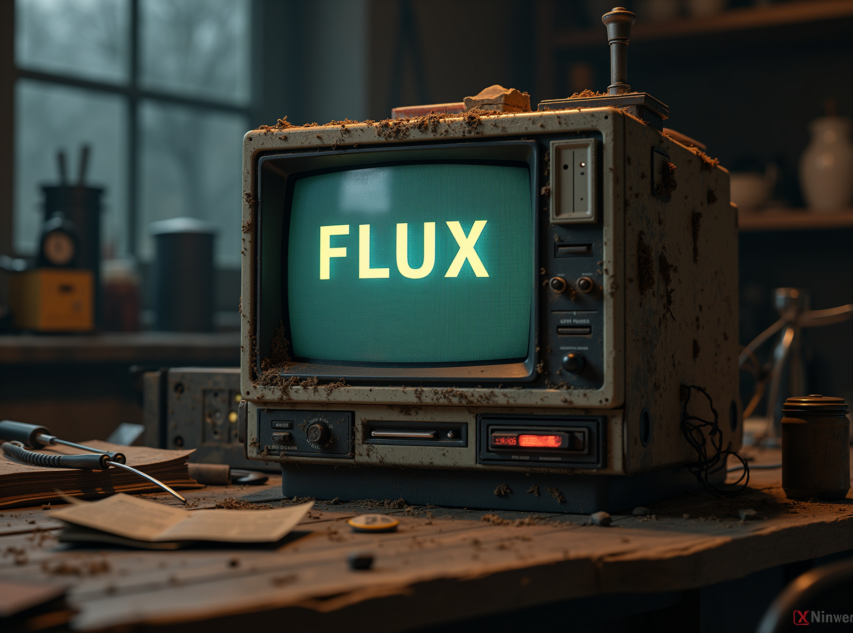 detailed cinematic dof render of an old dusty detailed CRT monitor on a wooden desk in a dim room with items around, messy dirty room. On the screen are the letters “FLUX” glowing softly. High detail hard surface render