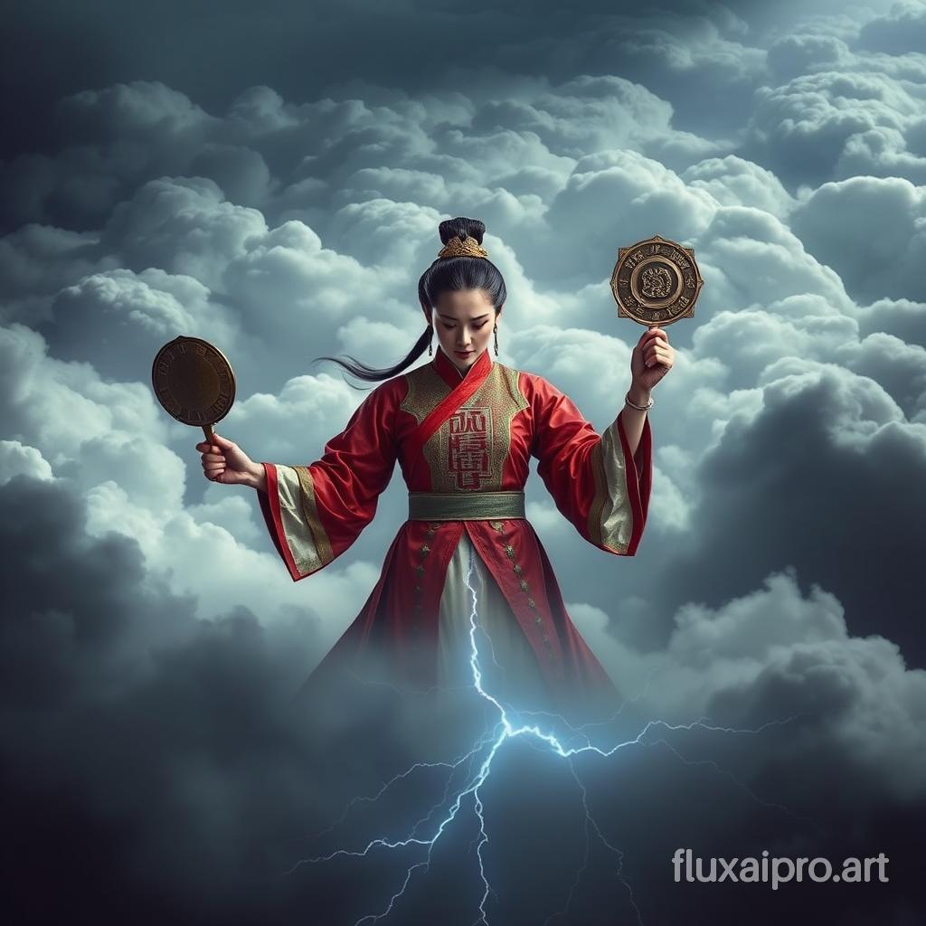 Above rolling dark clouds, a woman in ancient Chinese military attire, holding a bronze mirror in each hand, looking downward. Lightning flashes beneath the cloud layer.