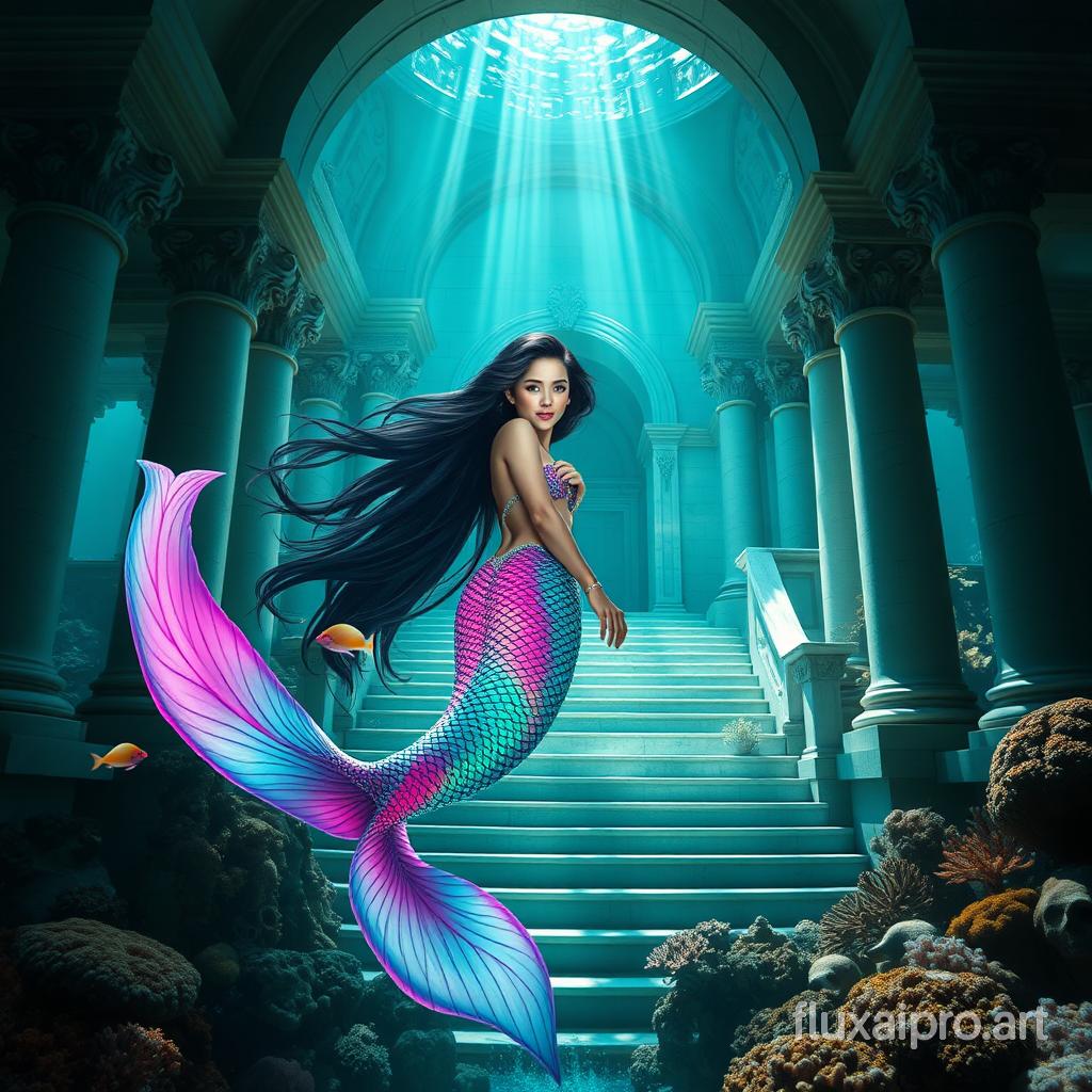 An awe-inspiring hyper-realistic photographic image that immerses viewers into an enchanting underwater world, seamlessly merging the opulence of an ancient structure with the captivating fantasy of a mermaid. At the center is a strikingly lifelike siren mermaid, her long, dark hair flowing around her as her iridescent, fluorescent pastel pink, green, and blue tail swirls in the water. Her eyes sparkle with wonder and curiosity as she explores a submerged white marble building illuminated by sunlight streaming through the water's surface. The grand staircase, arched doorway, and intricate columns and arches frame the scene, highlighting the building's astonishing grandeur. Rich marine life and vibrant corals coexist with the architecture, creating a harmonious fusion of natural and man-made elements, dark fantasy