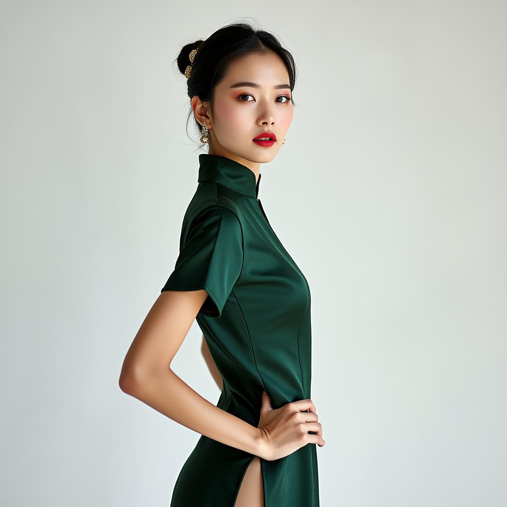 A striking and minimalist advertising portrait photograph featuring a beautiful Chinese woman. The image embodies a perfect blend of traditional Chinese aesthetics and contemporary fashion sensibilities.
The model, in her late 20s, has delicate features typical of Chinese beauty standards - almond-shaped eyes, high cheekbones, and smooth porcelain skin. Her hair is styled in a sleek, modern interpretation of a traditional Chinese updo, with a single ornate jade hairpin as an accent.
She wears a chic, modernized qipao in a bold, solid color - perhaps a deep crimson or a rich emerald green. The dress features clean lines and a minimalist design, with subtle traditional elements like a mandarin collar and side slits. The fabric has a lustrous quality that catches the light beautifully.
The makeup is understated yet impactful, with a focus on flawless skin, subtly defined eyes, and a pop of color on the lips that matches the dress. The overall look is polished and elegant, bridging the gap between classical Chinese beauty and modern glamour.
The lighting is crisp and clean, creating sharp contrasts that highlight the model's bone structure and the lines of the dress. A soft fill light ensures that details are not lost in the shadows, maintaining the clarity essential for advertising photography.
The background is a stark, clean white or a very pale gray, ensuring that all attention is on the model. There are no props or additional elements to distract from the central figure.
The composition is simple but powerful. The model is positioned slightly off-center, creating an asymmetrical balance that adds visual interest. Her pose is graceful yet strong, with a slight turn of the body and a direct gaze into the camera, exuding confidence and poise.
Post-processing is minimal, maintaining a natural look while ensuring the colors are vibrant and the contrasts are sharp. The overall effect is one of timeless elegance with a modern edge, perfectly suited for a high-end fashion or beauty advertisement aimed at the Chinese market.
The photograph captures the essence of contemporary Chinese beauty - a harmonious fusion of traditional grace and modern sophistication, all while adhering to the clean, impactful aesthetic of advertising imagery.