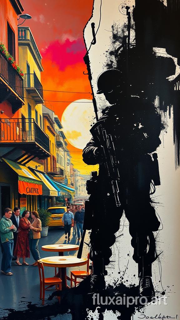 An awe-inspiring artwork by Sozdatel that masterfully juxtaposes the intense realm of war and the serene world of peace. The right side of the painting depicts a striking silhouette of a figure fully immersed in military actions, rendered in dark, bold ink, evoking a palpable sense of tension and conflict. In stark contrast, the left side of the painting captures a vibrant, sun-drenched street brimming with ordinary people, brought to life with warm, vivid acrylic colors. A cozy cafe exudes warmth and comfort, providing an even more striking contrast to the intense military scene. The artist's skillful blending of various styles creates a thought-provoking piece that encourages reflection on the delicate balance between conflict and harmony in our world.