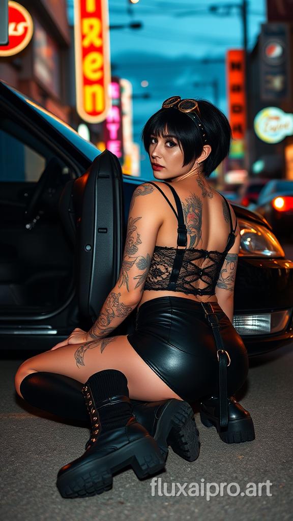 A photo of a young Caucasian gothic style woman seated on the ground next to a car in an urban setting. She has short black hair and is adorned with numerous tattoos on her arms and back. She wears a black lace crop top, black leather shorts, and thigh-length studded black boots. The background reveals a cyberpunk street at dusk with various bioluminescent neon signs.