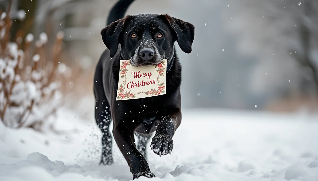 Amidst a picturesque winter landscape in Belgium, a beautiful black Labrador with a distinguished gray snout joyfully trots through a blanket of freshly fallen snow. Her glossy coat glistens under the soft, pale sunlight, creating a striking contrast against the pure white surroundings. With each playful step, her paws leave delicate imprints in the powdery snow, and the crisp winter air is filled with the sound of soft crunching. Clutched gently in her mouth is a festive Christmas card, delicately designed, with elegant lettering that reads “Merry Christmas Sanne.” The cheerful scene is completed by the backdrop of snow-laden trees and twinkling icicles, while a few flakes continue to drift down from the overcast sky, creating a serene and magical holiday atmosphere.
