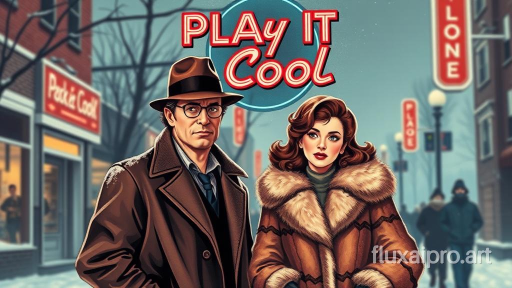 A retrofuturism-inspired book cover for "Play It Cool" by Jack Gestine. The cover features a man with a fedora and a woman with a fur coat standing on a snowy street. The background contains a neon sign that says "Play It Cool". The overall image has a 1950s vibe and is inspired by the works of F. Scott Hess, Gil Elvgren, and the Scarfolk movement.