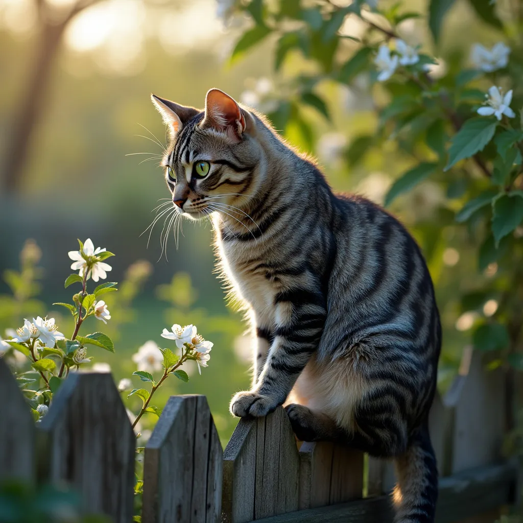 A sleek, silver tabby cat with emerald green eyes, perched gracefully on a weathered wooden fence. Its fur glistens under the soft morning sunlight, each strand reflecting a subtle iridescence. The cat's tail twitches slightly as it surveys the dew-kissed garden below, ears twitching at the distant hum of a bee. Its whiskers quiver with curiosity, and a gentle breeze carries the faint scent of blooming jasmine, adding to the serene atmosphere.