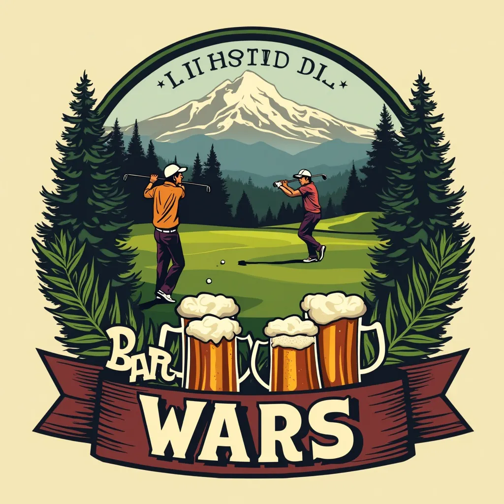 Beautiful logo of golfers on golf course in Mt Hood Oregon with a banner that says “Bar Wars!” And pints of beer