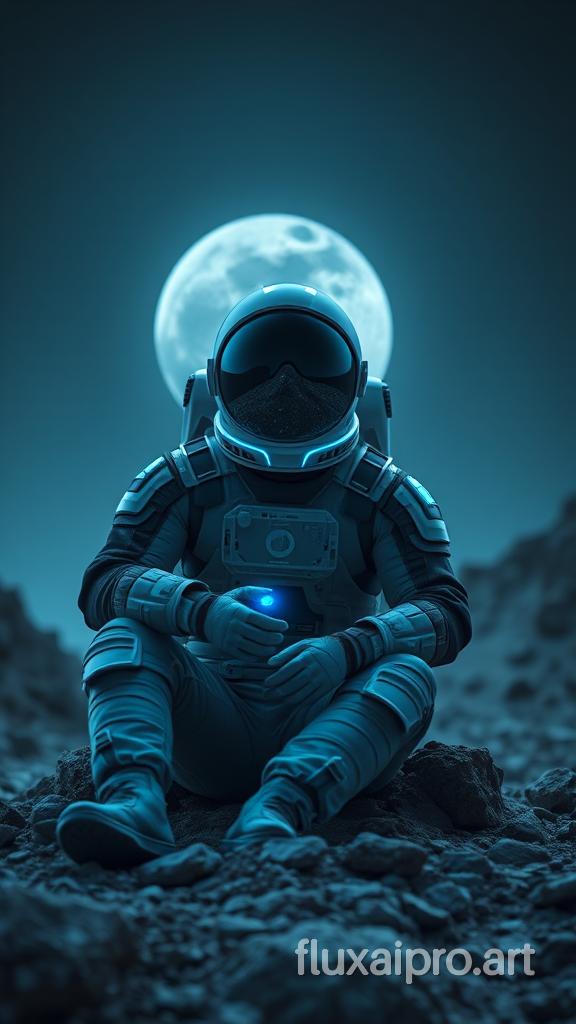 A photo of a lone astronaut in a futuristic space suit, sitting pensively on rugged, rocky terrain. The reflective visor of the helmet mirrors the large, luminous moon looming in the dark sky above. The suit’s sleek design, featuring glowing blue accents, contrasts with the barren landscape. In the astronaut’s gloved hand, they hold a small reflective device that seems to pulse with a mysterious energy. The eerie light from the moon bathes the scene in a cold, silver hue, highlighting the solitude of this enigmatic figure.