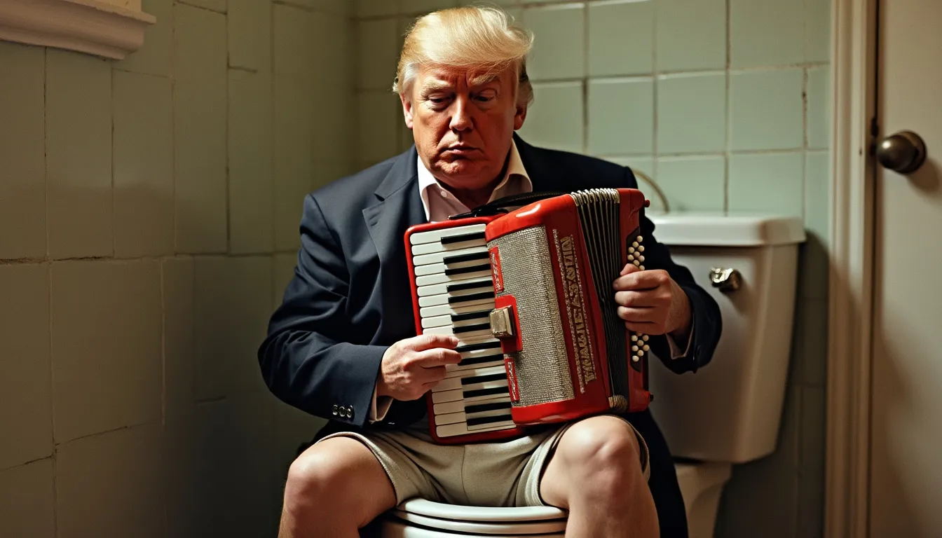 Donald Trump with his pants around is ankles sitting on a toilet and playing an accordion 