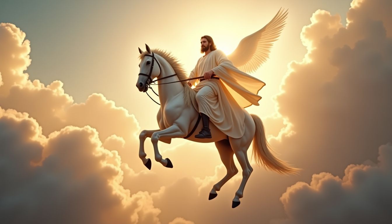 A photo of Jesus as king riding on a white horse in the sky with white clouds and with his mighty angels with trumpets also coming with him to Jerusalem. Jesus has a sword come out of his month that kills the antichrist.