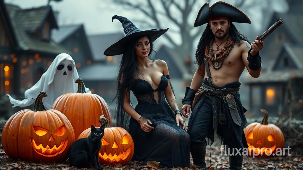 a hyper-realistic halloween scene  with 4 pumpkins of varying sizes, a female witch very sensual with long wavy black hair with black glasses a low cut black wispy dress and full breasts, a slender black cat near the witch, a sensual ghost, a male pirate pretty sensual with all the pirate decorations of beads, leathers, black boots, tight black low hung pants and no shirt set against a background of a village slightly blurred with small orange lights in the background
