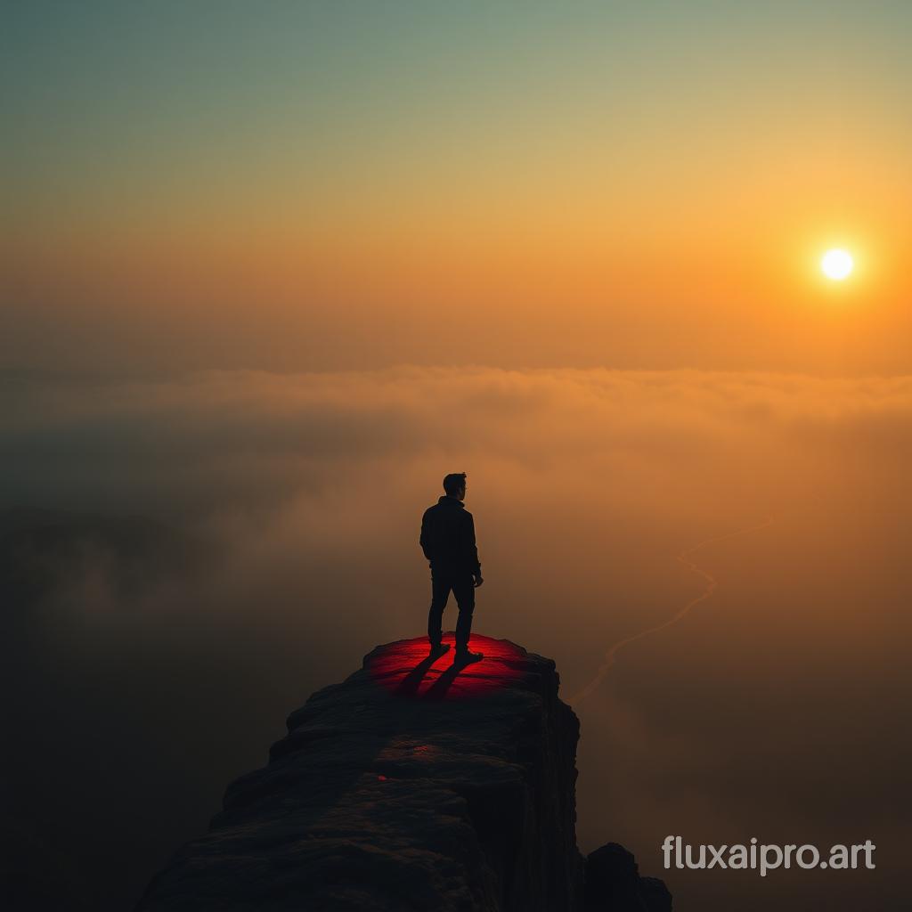 A cinematic shot of a figure standing at the edge of a cliff, overlooking a vast, mist-covered valley. The sun is rising, casting a warm glow on the horizon. The figure is illuminated by a faint red glow from below, representing fear. But instead of retreating, the figure stands tall, with one foot slightly forward, as if ready to take the leap. The path that winds towards the horizon is faint and uncertain, but it's there, symbolizing the idea that fear is not a signal to turn back, but rather a sign that something new lies ahead. The atmosphere is intense, but also filled with possibility.