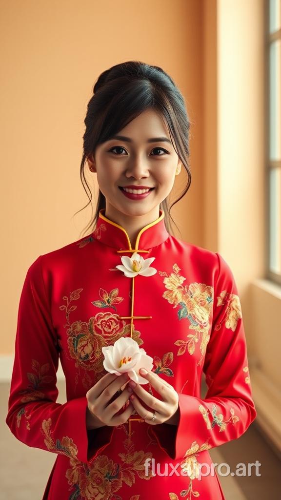 A young Chinese woman in vivid, embroidered cheongsam stands in a modern studio, radiant under soft, warm lighting. Her hair, styled high, cascades down slightly, framing her confident smile. Her hands gently cradle a blooming plum blossom, symbolizing resilience and grace. The studio is pristine, a blend of tradition and modern art, flooded with soft natural light from a large window. The wall behind her, a warmer shade of cream, contrasts with her vibrant attire. In Wes Anderson's distinctive symmetrical style, she's centered, with careful composition, inviting us into her world of hope and determination.
Wes Anderson's lighting style employs softboxes placed at 45-degree angles to her face, creating dramatic shadows and highlights. The background is gently out of focus, highlighting her poise. A single strobe light outside the frame throws directional light through the window to accentuate her features and create a soft, dreamy effect. The scene utilizes a shallow depth of field, compressing the background and drawing focus to her. Film grain is slightly visible, and the color grading is warm, with a desaturated look for a timeless appeal.