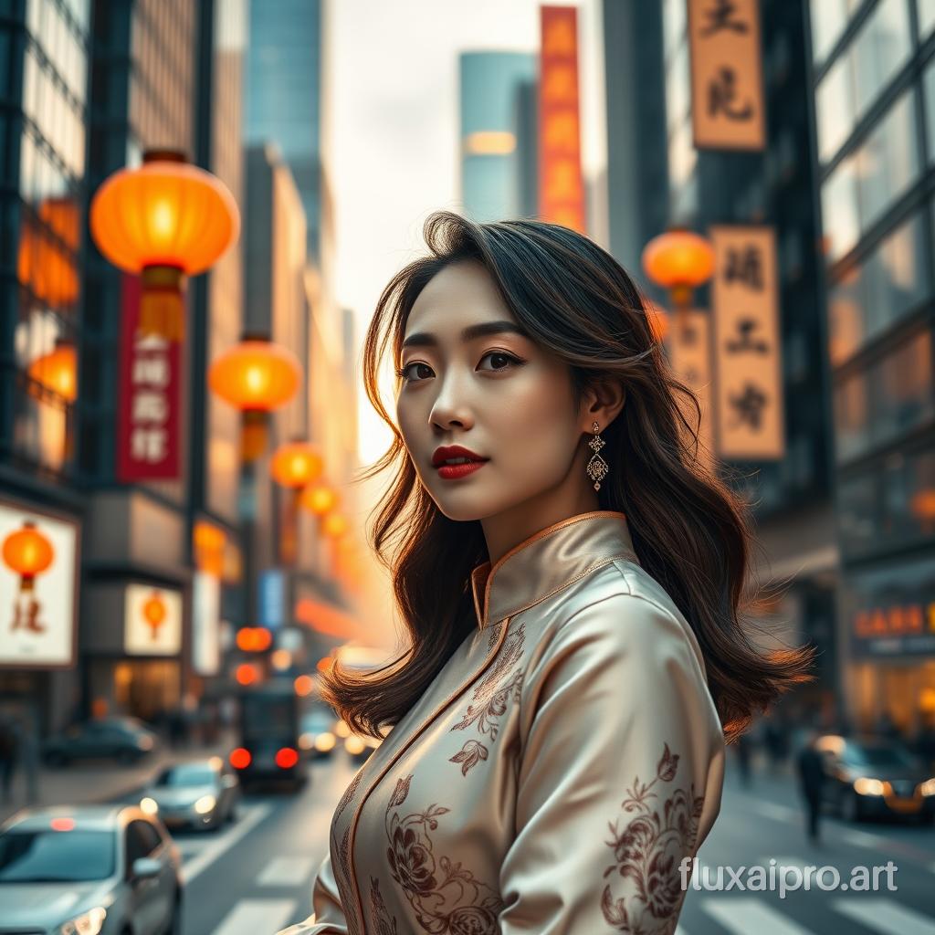 In a sleek and modern advertisement video, the focus is on a portrait photography of a Chinese woman. She stands confidently amidst a bustling cityscape, her silhouette against the towering skyscrapers that glow with the soft hues of dawn. Her hair, flowing in gentle waves, is styled in a contemporary fashion, and her eyes, reflecting the city's vibrant energy, are accented with subtle makeup that enhances her natural beauty.

The background is a blend of traditional Chinese elements and modern architecture, with lanterns and calligraphy subtly integrated into the urban design. The woman's attire is a fusion of traditional Chinese attire, such as a cheongsam with a modern twist, and contemporary fashion pieces that reflect her blend of cultural heritage and contemporary lifestyle.

As the camera zooms in, the details come to life: the soft glow of the morning sun catches the shimmer of her jewelry, and the texture of her silk dress ripples in the gentle breeze. The air is filled with the distant hum of traffic and the occasional melody of a street musician, creating a vibrant atmosphere that complements her poised and elegant demeanor.

The scene is set in a serene moment of transition, where the past and the future meet, symbolizing the harmonious blend of tradition and modernity in contemporary China. The woman's expression is one of grace and strength, embodying the spirit of the modern Chinese woman who is both rooted in her heritage and embracing the future with confidence and style.