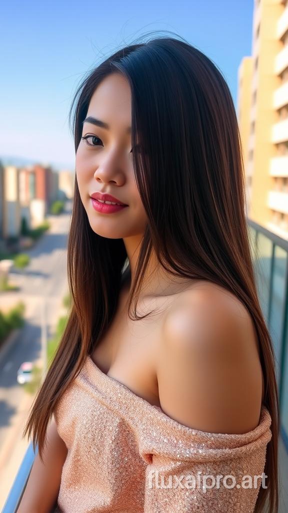 A natural light photo of a young woman with long, straight dark hair. She had indigenous features. She is sitting outdoors on a balcony and is wearing a beige sparkling one shoulder top. She has a soft expression and slightly parted lips. The background reveals a cityscape with buildings, a road, and a clear blue sky. The lighting gives a warm and gentle tone to the image.