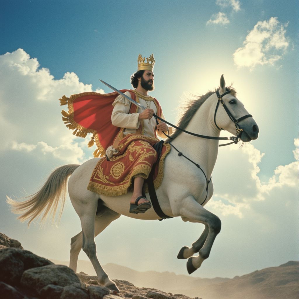 A close-up photo of Jesus as king riding on a white horse in the sky with white clouds and with his mighty angels with trumpets also coming with him to Jerusalem. Jesus has a sword come out of his month that kills the antichrist.