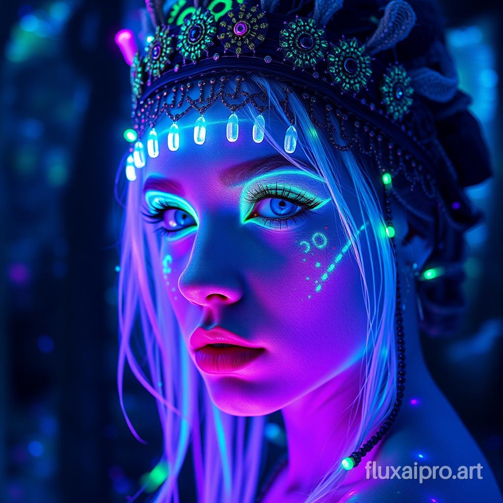 portrait | wide angle shot of eyes off to one side of frame, lucid dream-like woman, looking off in distance ::8 style | daydreampunk with glowing skin and eyes, styled in headdress, beautiful, she is dripping in neon lights, very colorful blue, green, purple, bioluminescent, glowing ::8 background | forest, vivid neon wonderland, particles, blue, green, purple ::7 parameters | rule of thirds, golden ratio, assymetric composition, hyper- maximalist, octane render, photorealism, cinematic realism, unreal engine, 8k ::7 --ar 16:9 --s 1000