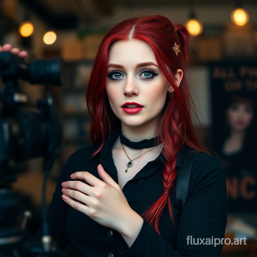 front of camera, speaking, a gothic girl portrait influencer, red hair,  black clothes, tradewife