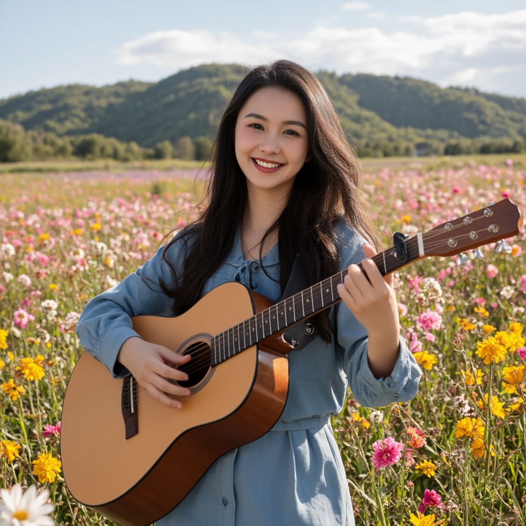 happy stunning girl with long dark hair, wearing blue clothes, playing guitar, a beautiful field of flowers, colorful flowers everywhere, hills in the background