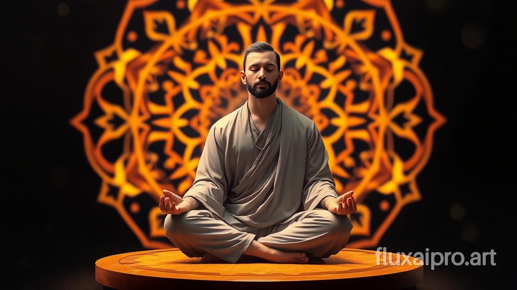 Digital artwork featuring a man meditating in a cross-legged position on a circular platform. The subject has a calm expression, with short hair and a trimmed beard, and his skin tone is light. He is dressed in a traditional, loose-fitting robe. Behind him, there is an intricate, glowing mandala design in warm hues of orange and gold, creating a mystical and serene atmosphere. The background is dark, with subtle, out-of-focus lights adding depth to the scene. The overall composition emphasizes tranquility and spiritual focus.