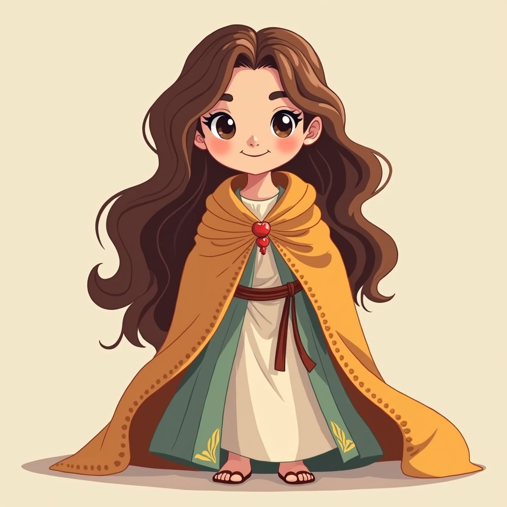 Ancient style, long-haired youth, cute, shawl, cape, flat design.