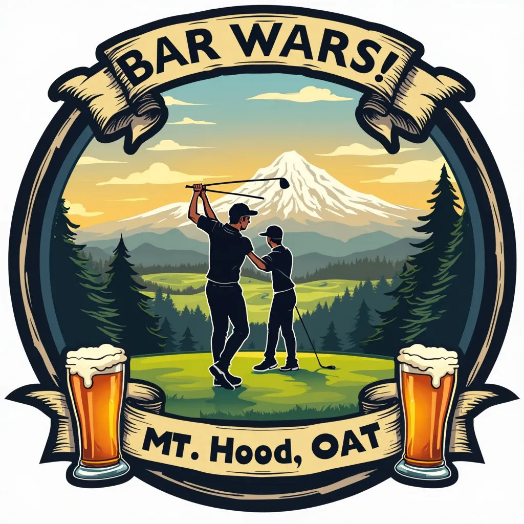 Beautiful logo of golfers on golf course in Mt Hood Oregon with a banner that says “Bar Wars!” And pints of beer