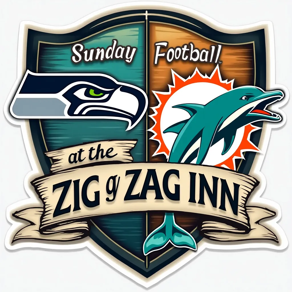 Beautiful logo of nfl Seattle Seahawks and Miami Dolphins with banner that says “Sunday Football at the Zig Zag Inn”