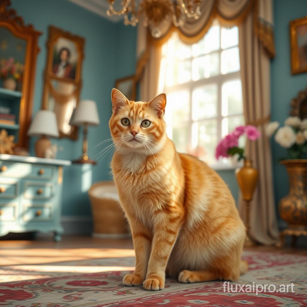 a yellow cat in a beautiful room