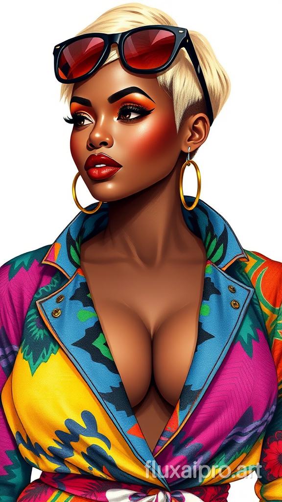 A 3D ultra-realistic photo of a beautiful voluptuous mocha skin African woman with a large Plunging neckline buxom figure. She has a Blonde Elegrant Pixie-cut hairstyle . The woman is wearing large, fashionable sunglasses perched on her head. Her outfit is an eclectic mix of vibrant colors and bold patterns. The background is pristine white. The entire illustration combines the softness of watercolor with the clean lines and vibrant colors characteristic of vector art.