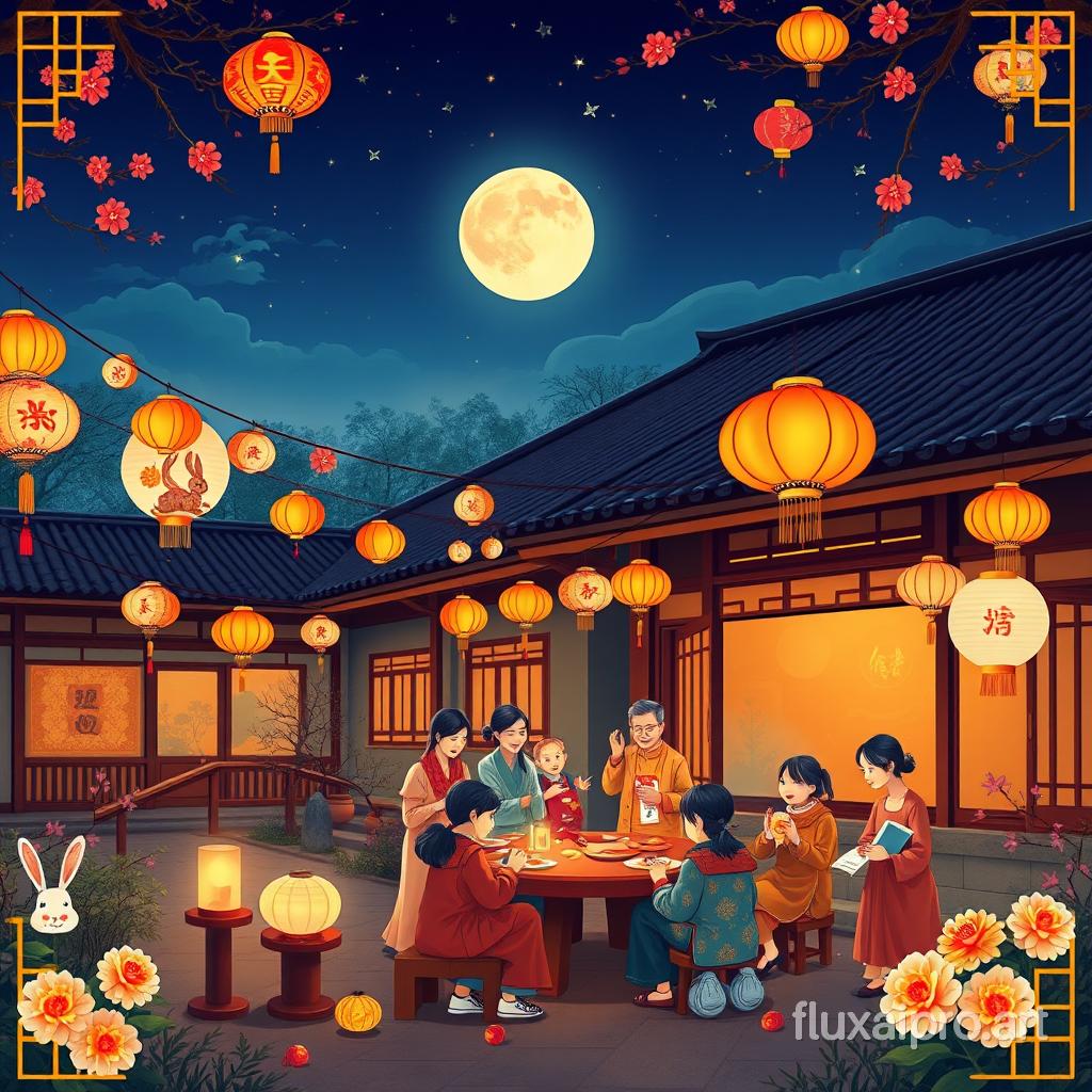 A vibrant Mid-Autumn Festival poster, adorned with a full moon hanging low in the sky, its silvery light spilling over a traditional Chinese courtyard. Lanterns of various shapes and sizes, painted with intricate designs of rabbits and blooming osmanthus flowers, sway gently in the evening breeze. Families gather around a round table, their faces illuminated by the warm glow of candlelight, sharing mooncakes and stories under the starlit sky. The air is filled with the sweet aroma of roasted chestnuts and the soft laughter of children playing with colorful paper lanterns. The scene captures the essence of reunion and celebration, a harmonious blend of ancient customs and joyful festivities.