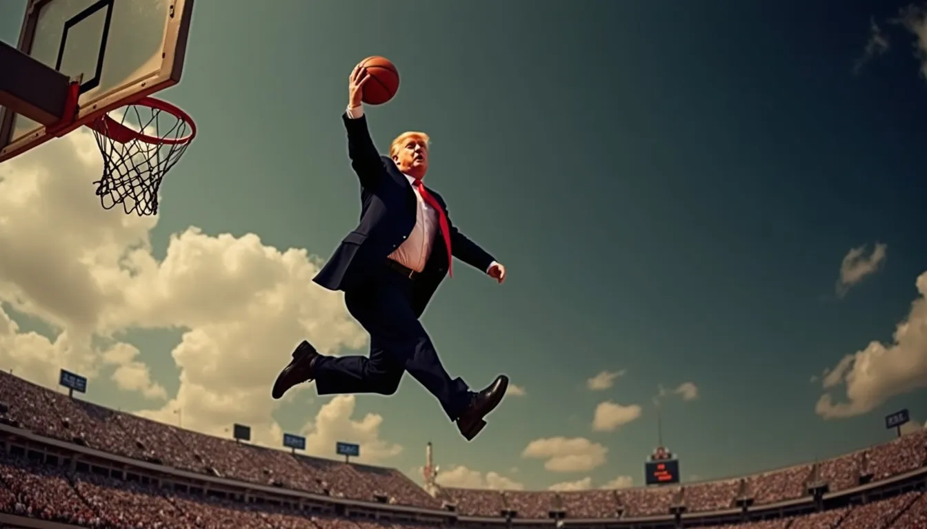 Donald Trump leaping and dunking a basket ball like Michael Jordan  