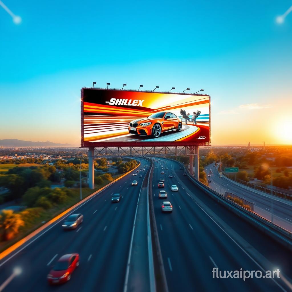 A massive billboard towering above a bustling highway, its vibrant colors and bold typography grabbing the attention of passing drivers. The sun shines brightly, reflecting off the large, glossy surface of the sign, while the surrounding landscape is dotted with greenery and distant cityscapes. The ad features an eye-catching image of a product, perhaps a sleek car or a refreshing beverage, displayed prominently in the center. Surrounding it are dynamic graphics that evoke a sense of speed and excitement, with motion lines that suggest movement and urgency. Bright, captivating lights frame the edges of the billboard, illuminating it against the twilight sky, creating a hub of activity and consumer allure in the ever-busy transportation corridor.