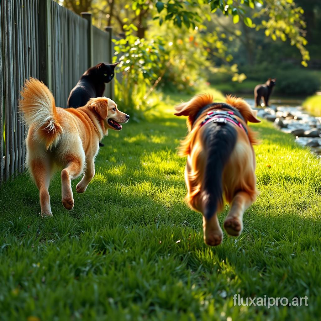 A playful golden retriever, with a glossy coat shimmering in the afternoon sun, eagerly bounds towards a sleek black cat perched on a fence. The dog's tail wags furiously, creating a gentle breeze as it dashes across the lush, green grass, leaving small imprints behind. The cat, with its sharp emerald eyes fixed on the approaching canine, arches its back slightly, a sign of both caution and curiosity. The air is filled with the soft rustling of leaves and the distant hum of a nearby stream, adding to the serene yet dynamic scene of this canine-feline encounter.