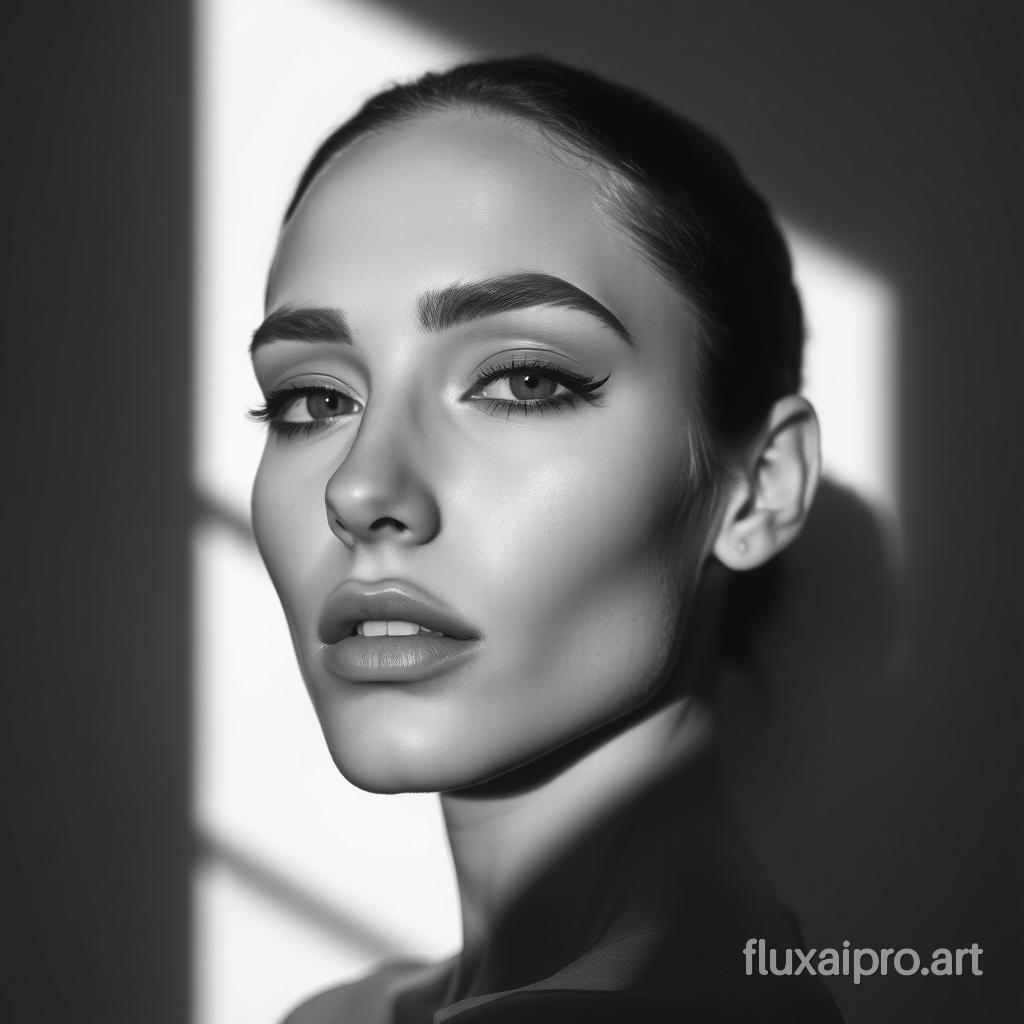 A black and white photo of a woman with shadow., in the style of minimalist beauty, light bronze and bronze, serene faces, sharp edges, karencore, high definition, contrast shading, realism --ar 3:5 --stylize 750 --v 6.0 --style rawA black and white photo of a woman with shadow., in the style of minimalist beauty, light bronze and bronze, serene faces, sharp edges, karencore, high definition, contrast shading, realism --ar 3:5 --stylize 750 --v 6.0 --style raw