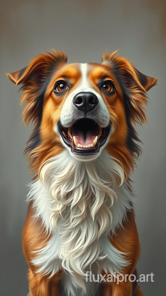 A detailed and expressive portrait of a dog. The dog has a startled or surprised expression, with its eyes wide open and its mouth agape. The fur appears to be long, scruffy and slightly unkempt, with a mix of brown and white colors. The background is a muted gray, which accentuates the dog's features. Painting