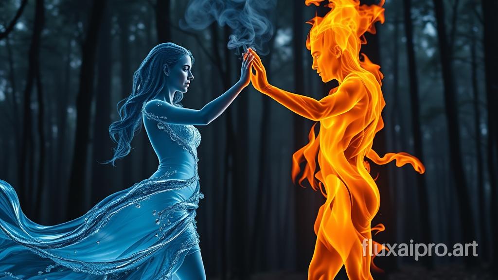 A realistic image of water in the shape of a woman dancing with fire in the shape of a man. The hands of the water and fire figures touch, and smoke forms at the point of contact. The background is a forest at night.