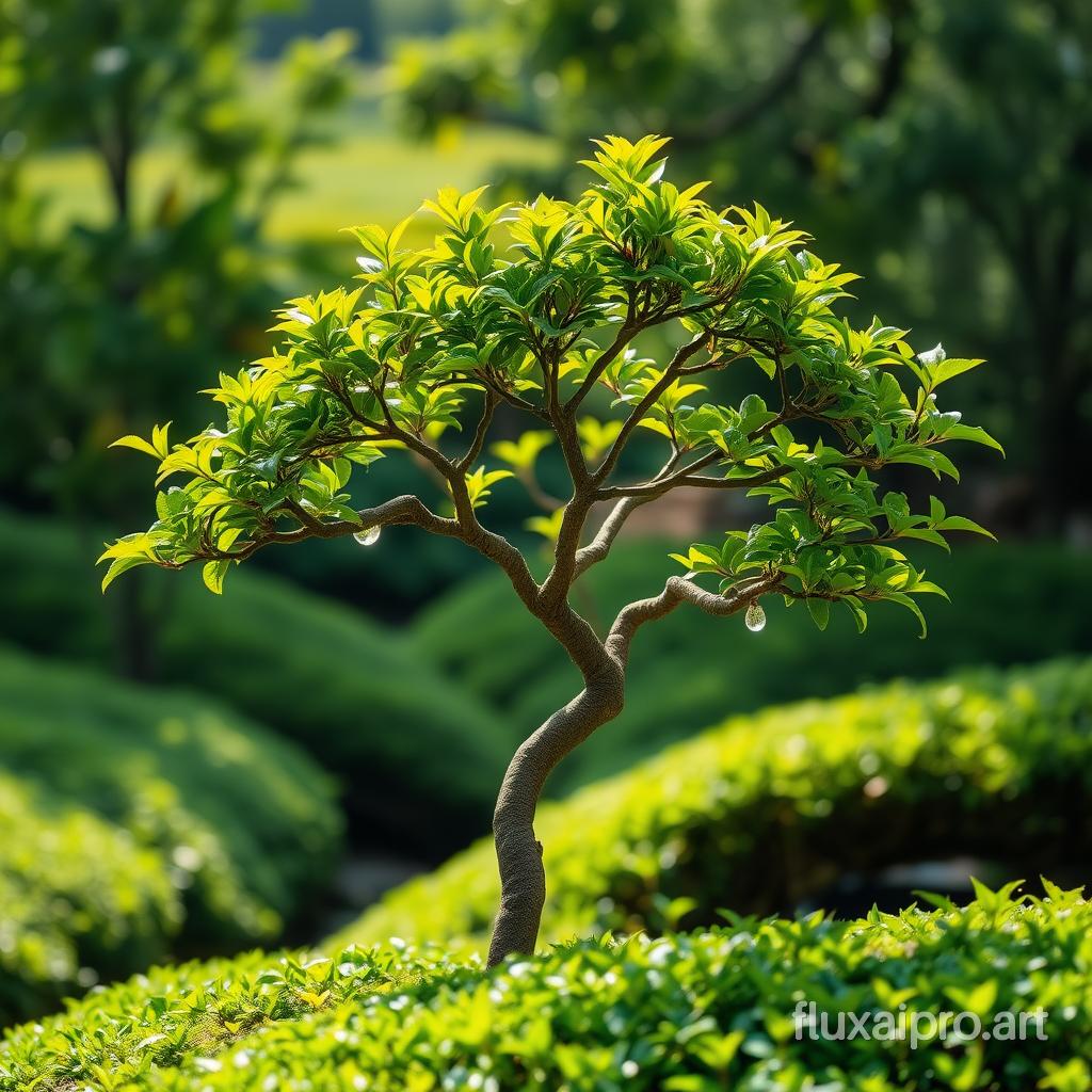 In a serene tea garden, a single tea tree stands gracefully amidst lush greenery, its branches elegantly arching towards the sky. The leaves atop the tree glisten like precious emeralds, catching the soft sunlight and sparkling with morning dew. Each leaf is delicately shaped, showcasing a vibrant green hue that contrasts beautifully with the dark, textured bark of the tree. The air is infused with a subtle, refreshing fragrance of fresh tea, mingling with the gentle rustle of leaves swaying in the breeze. Nearby, the soft gurgle of a babbling brook can be heard, enhancing the peaceful ambiance of this tranquil setting.