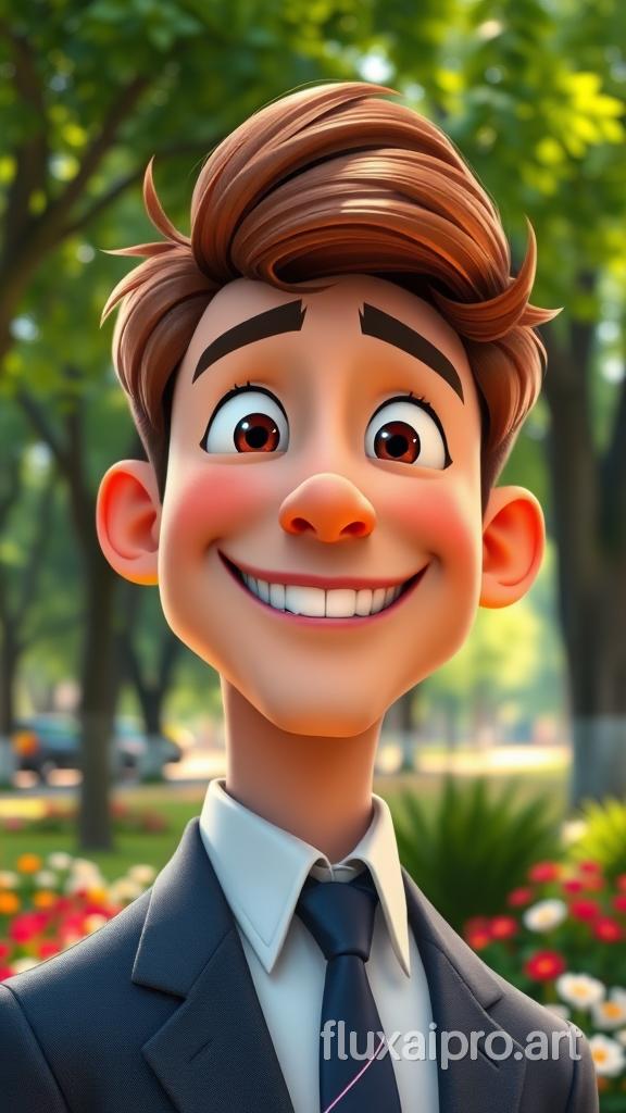 A 3D cartoon-style close-up of a young man with brown hair, wearing a suit and tie, smiling brightly in a park. Green trees and colorful flowers surround him. The lighting is soft, with vibrant colors and exaggerated features, Pixar-like. --style raw --ar 9:16
