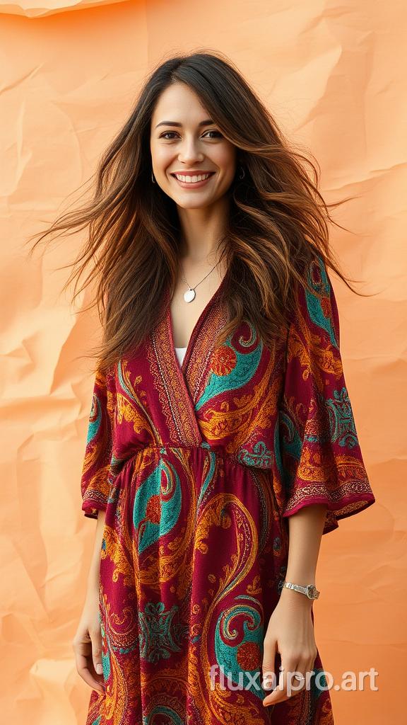 A free-spirited woman with flowing, wavy hair cascading down her shoulders, adorned in a vibrant bohemian-style dress adorned with intricate patterns of floral and paisley designs in rich hues of burgundy, teal, and golden yellow. She stands confidently against a backdrop of crumpled paper that elegantly unfolds in soft shades of peach, creating a warm and inviting atmosphere. The fabric of her dress flutters slightly in the gentle breeze, enhancing the feeling of movement around her. Her warm smile radiates a sense of tranquility, while delicate silver jewelry glimmers under the soft lighting, adding a touch of ethereal charm to her spontaneous and artistic spirit. The air carries a subtle scent of wildflowers, perfectly complementing the whimsical scene as shadows play softly across the textured paper backdrop.