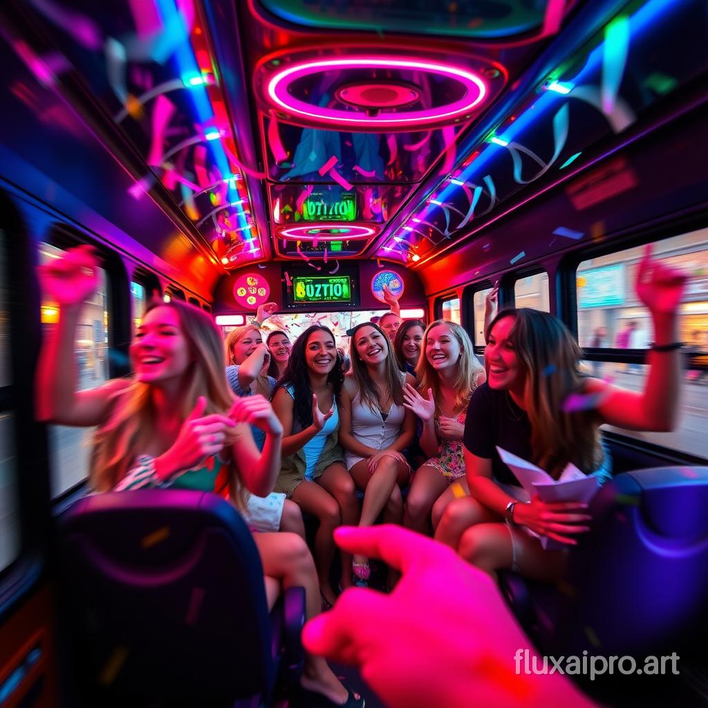 Handheld, dynamic motion: A vibrant party bus cruises through the city streets with neon lights flashing. Camera Movement: Captures the girls inside, laughing and dancing to upbeat music. Additional details: Confetti fills the air, and the atmosphere is filled with joy and excitement.