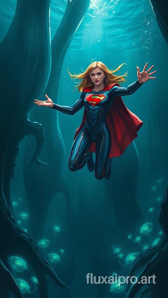 An anime-style wet palette knife image of Supergirl in a futuristic carbon-fiber suit with a biomechanical aesthetic. She is flying above the ocean. The background is a dark, oceanic environment with underwater structures and bioluminescent plants. The overall image has a deep sea tone and is reminiscent of H.R. Giger's work.