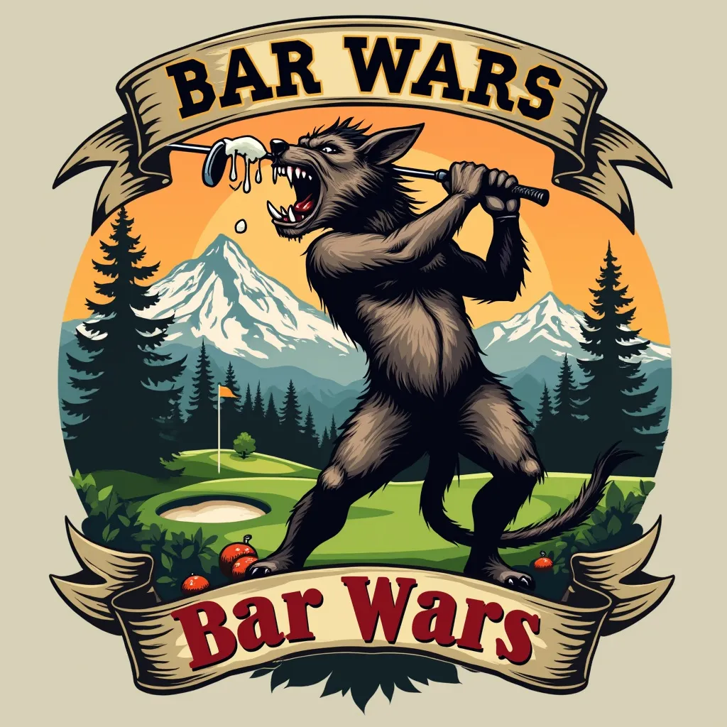 A beautiful logo of a crazy Tasmanian devil guzzling beers and swinging a golf club at beautiful mt. Hood  golf course with a banner that says “Bar Wars” and another banner that says “ Zig Zag Bar Czars”