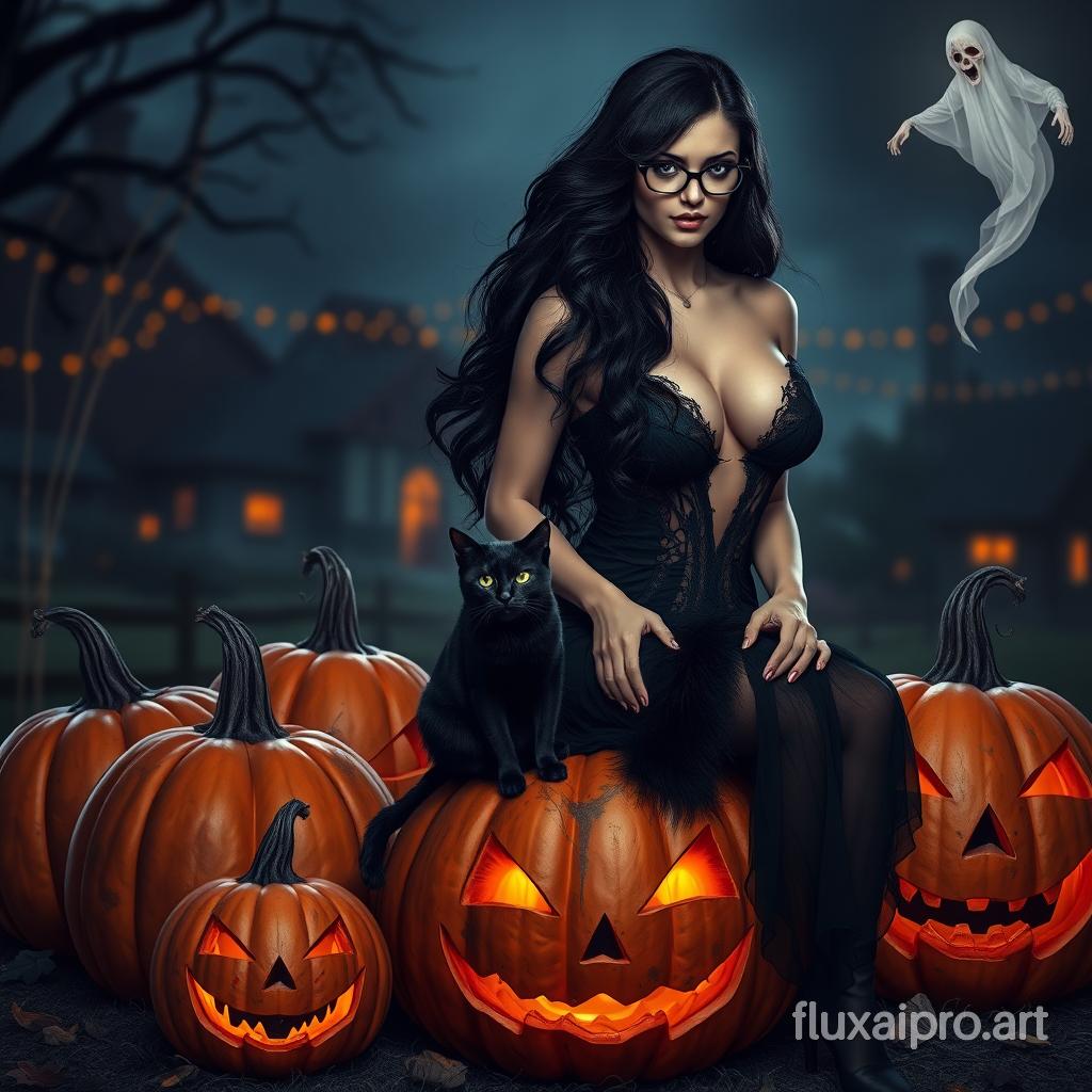 a hyper-realistic halloween scene  with 4 pumpkins of varying sizes, a female witch very sensual with long wavy black hair with black glasses a low cut black wispy dress and full breasts, a slender black cat near the witch sitting on a pumpkin, a sensual ghost floating in the air, against a nighttime background of a village slightly blurred with small orange lights in the background
