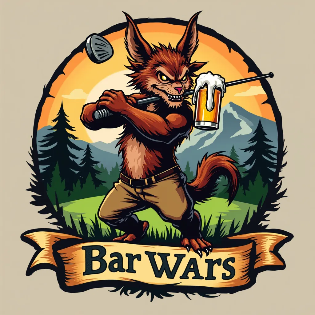 A beautiful logo of a crazy Tasmanian devil guzzling beers and swinging a golf club at beautiful mt. Hood  golf course with a banner that says “Bar Wars” and another banner that says “ Zig Zag Bar Czars”