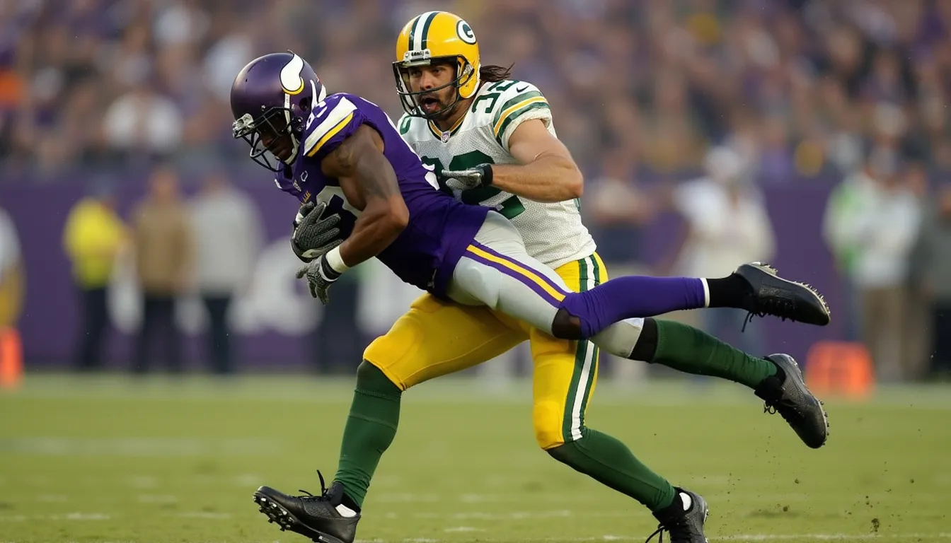 NFL Greenbay packer tightens riding an nfl Vikings opponent like a horse to the end zone