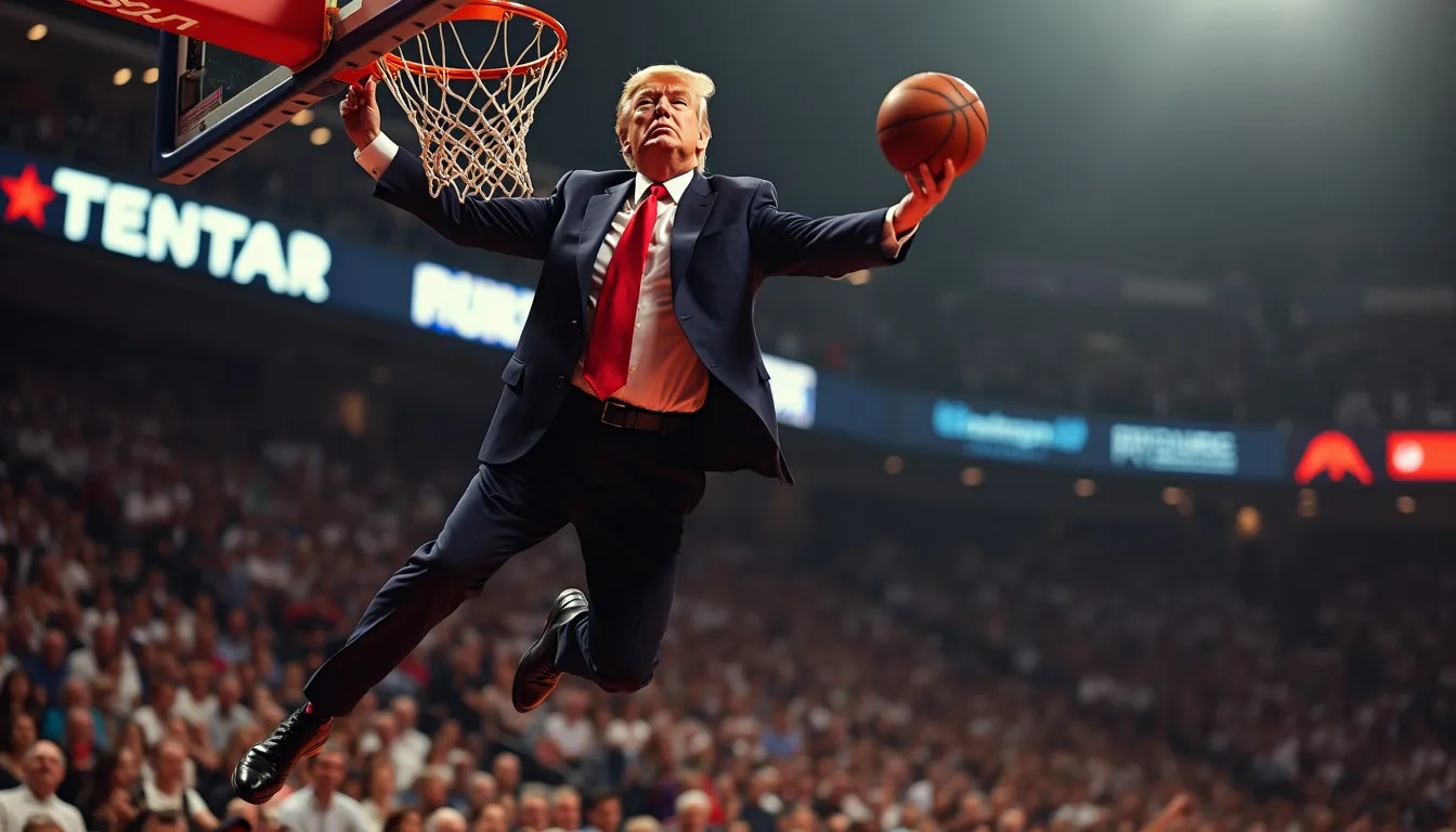 Donald Trump leaping and dunking a basket ball like Michael Jordan  