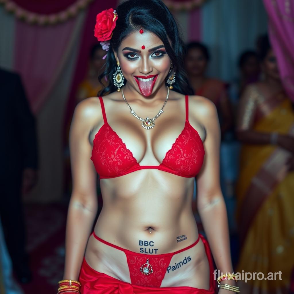 Full body of Sexy hot seductive Beautiful gorgeous busty short very fair skinned Indian woman with red lipstick, thick thighs, lusty smile, smoky eyes, tongue out of mouth, full lips, big navel pierced with silver bellybutton lengthy ring and silver belly chain wearing red colour ultra low hip skimpy lingerie with spaghetti top, bindi, panty bottom, gold jewellery, rose flower in hair, "BBC SLUT" tattoo on her abdomen in wedding function