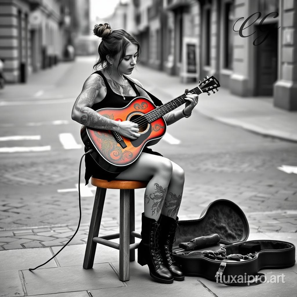 An all tattooed woman sits on a wooden stool, playing a brightly colored acoustic guitar with intricate designs. She wears black boots and has her hair styled in a loose bun in black and gray lace-up boots The scene is monochromatic, with a detailed city street in the background and an open guitar case next to her, suggesting that she is on the street. The contrast between her colorful guitar and the grayscale surroundings draws attention to her performance.Author's signature "CG" in the upper right of the image.